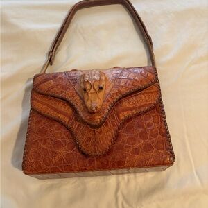 Mid-Century Vintage Genuine Alligator Leather Handbag Brown
